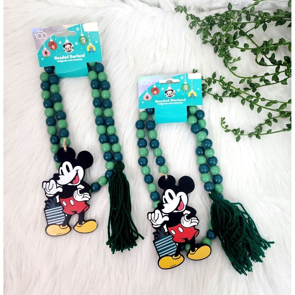 Mickey Mouse Wood Beaded Christmas Garland Decor With Tassel 44.5" By RUZ‎ 2 Pc
